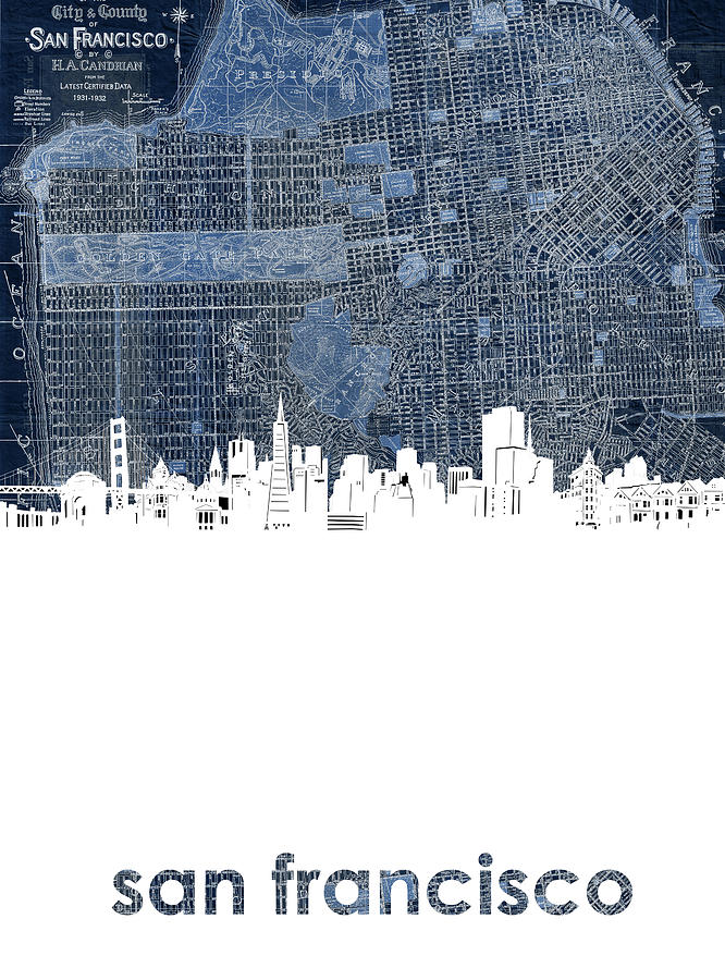San Francisco Skyline Map 2 Digital Art by Bekim M