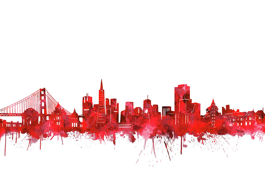 San Francisco Skyline Watercolor Red Digital Art by Bekim M