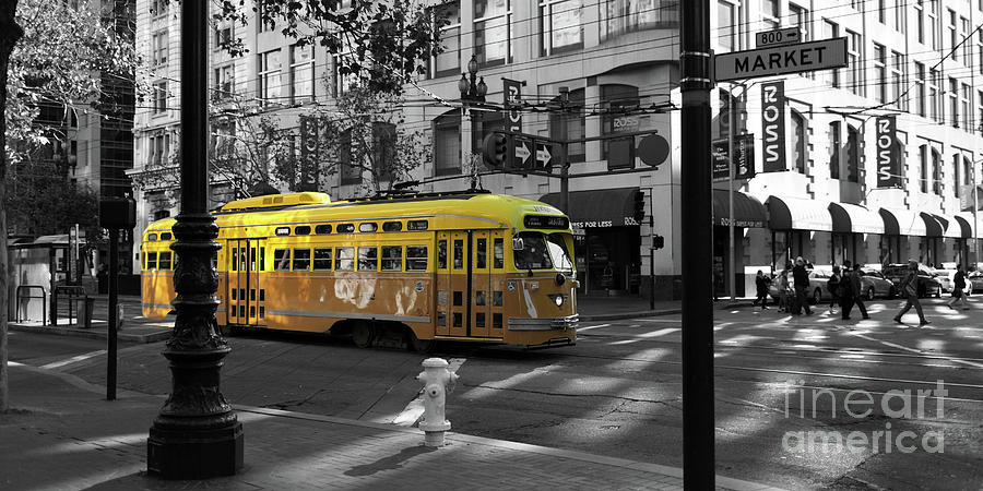 San Francisco Vintage Streetcar on Market Street 5D19798 Black and White and Yellow Panoramic Photograph by Wingsdomain Art and Photography