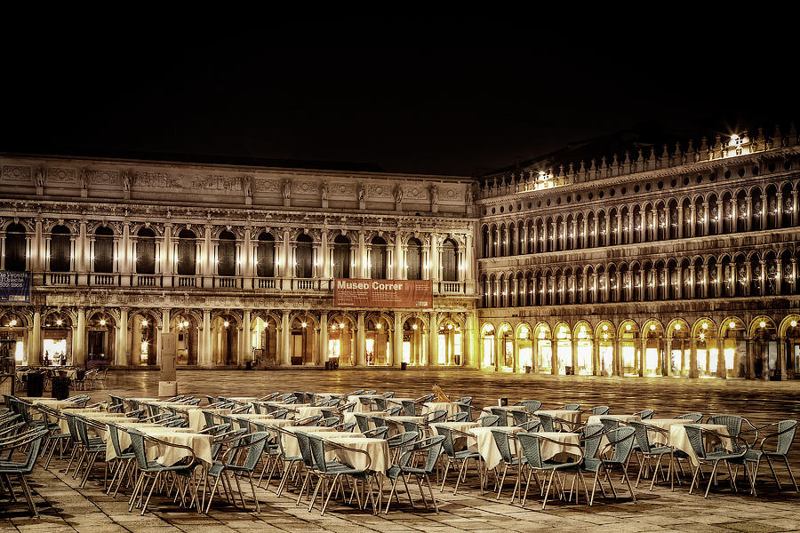 San Marco Cafes at Night Photograph by Andrew Soundarajan