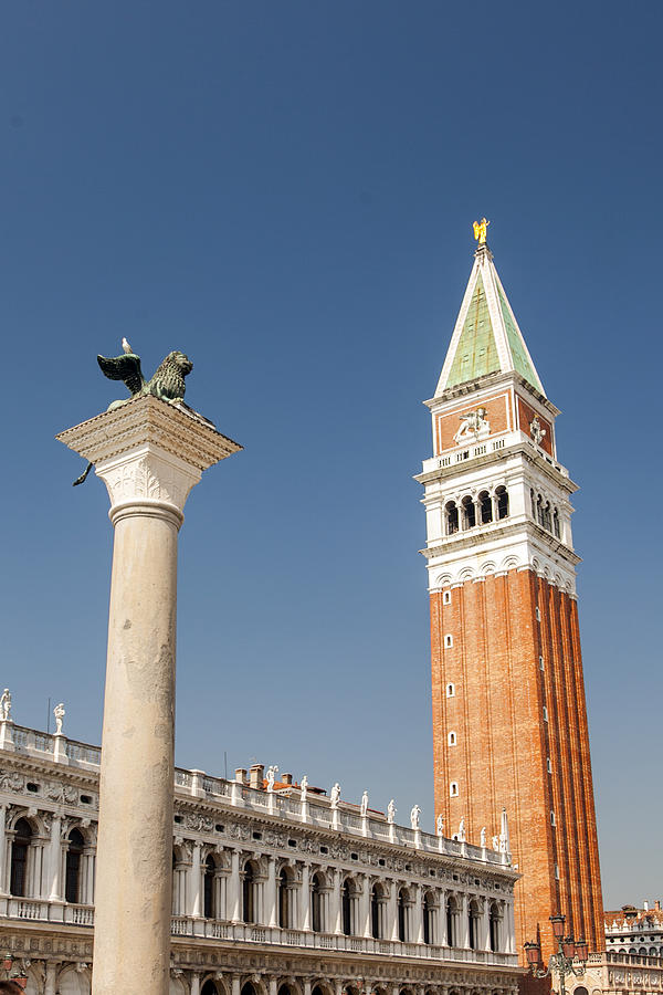 Architecture Photograph - San Marco tower and winged lion statue by Sandra Rugina