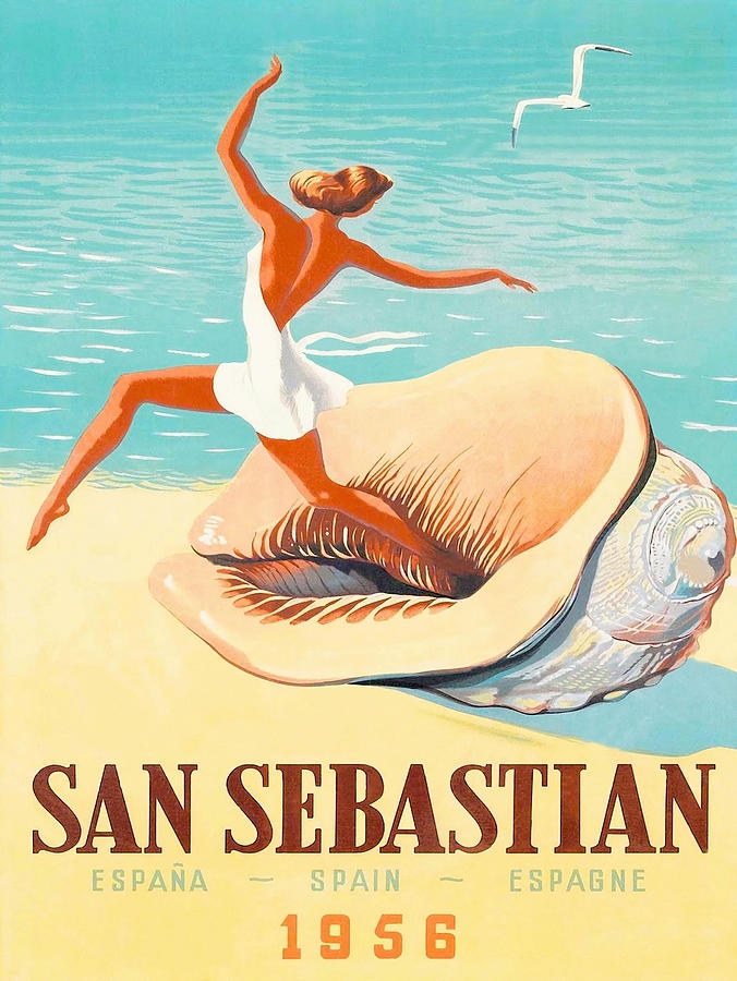 San Sebastian, Spain, woman coming from a sea shell Painting by Long Shot