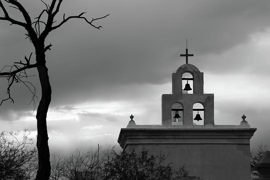 San Xavier Bell Tower 5 BW Photograph by Mary Bedy
