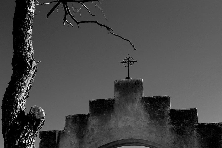 San Xavier Cross Arch and Tree BW Photograph by Mary Bedy