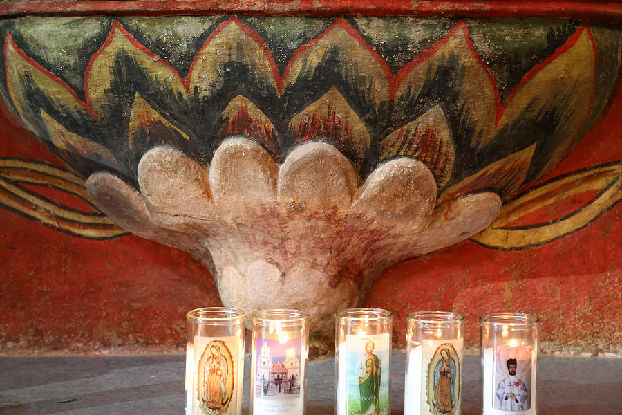San Xavier Font and Candles Photograph by Mary Bedy