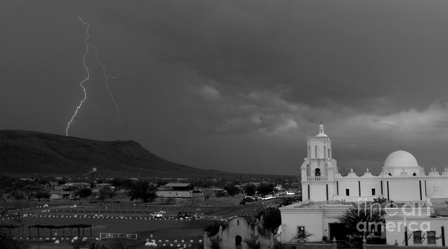San Xavier Mission With Lightning-BW-Signed Photograph by J L Woody Wooden