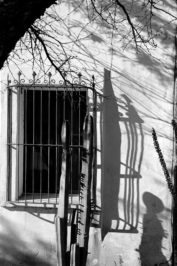 San Xavier Window and Shadows 1 BW Photograph by Mary Bedy