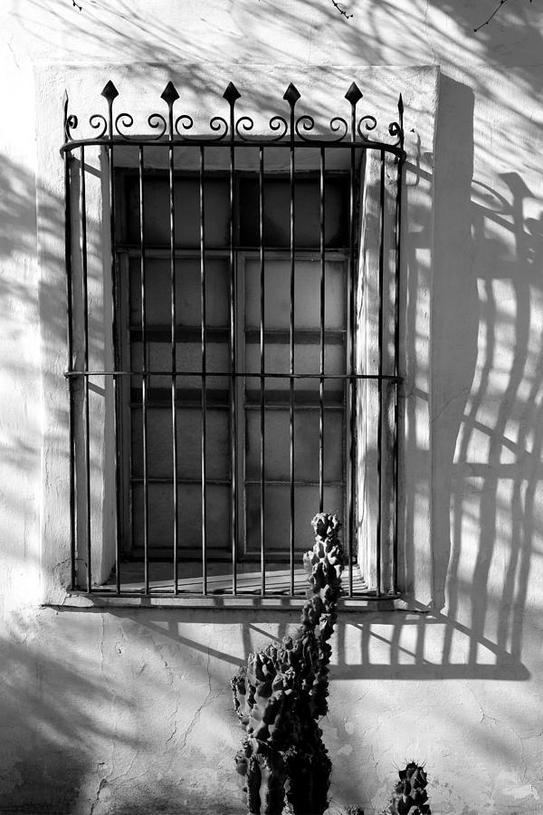 San Xavier Window and Shadows 2 BW Photograph by Mary Bedy