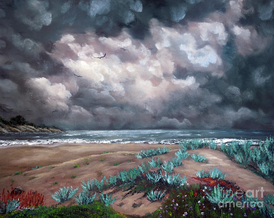 Sand Dunes Under Darkening Skies Painting by Laura Iverson