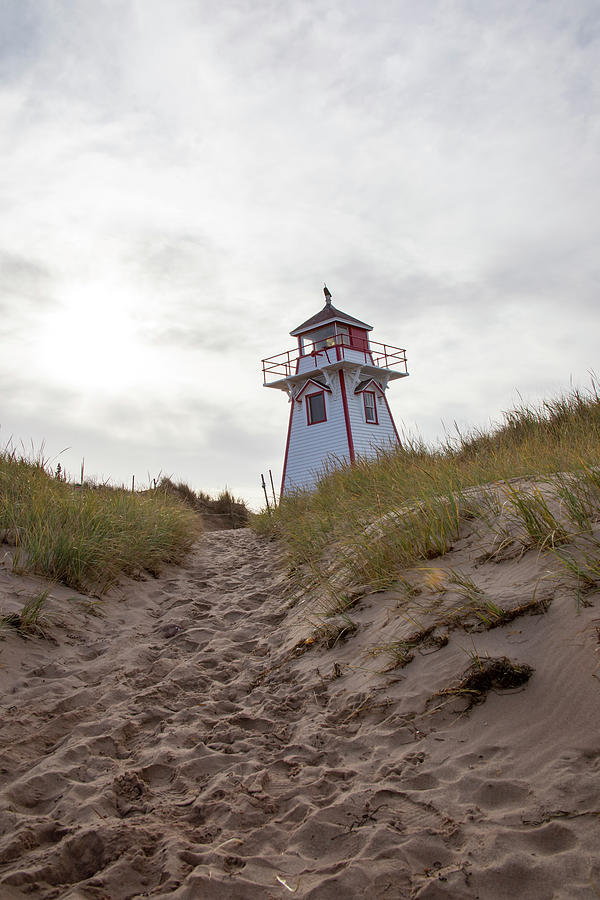 Sand dunes with lighthouse on PEI Photograph by Karen Foley