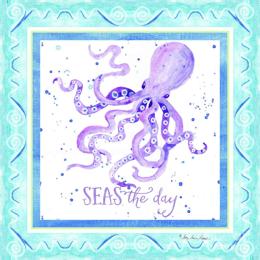 Typography Painting - Sand n Sea - Octopus Seas the Day Scrollwork by Audrey Jeanne Roberts