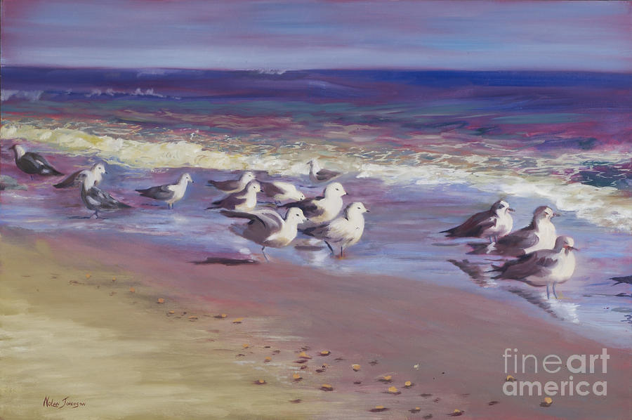 Sand Pipers Enjoy Scenery by Marilyn Nolan-Johnson Painting by Marilyn Nolan-Johnson