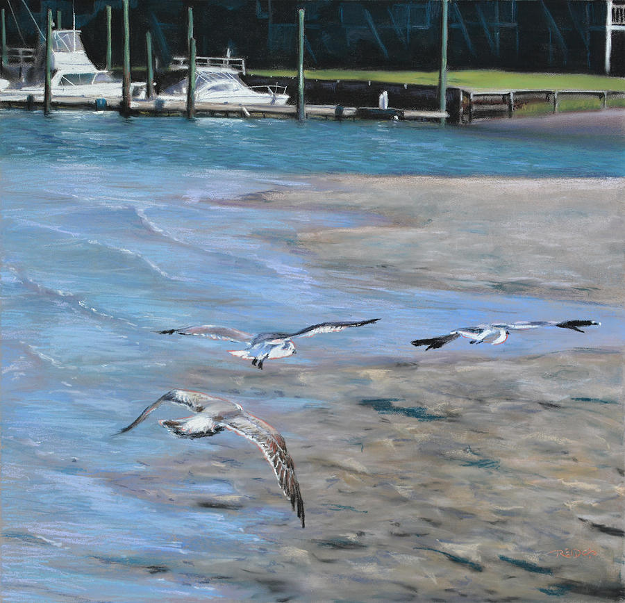 Sandbar Skimming Seagulls Pastel by Christopher Reid