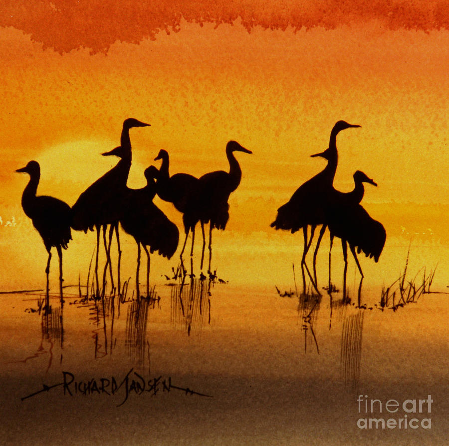 Sandhill Cranes At Sunset Painting by Richard Jansen