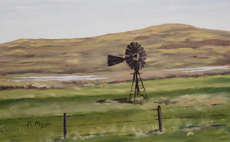 Sandhills Windmill Painting by Alan Mager