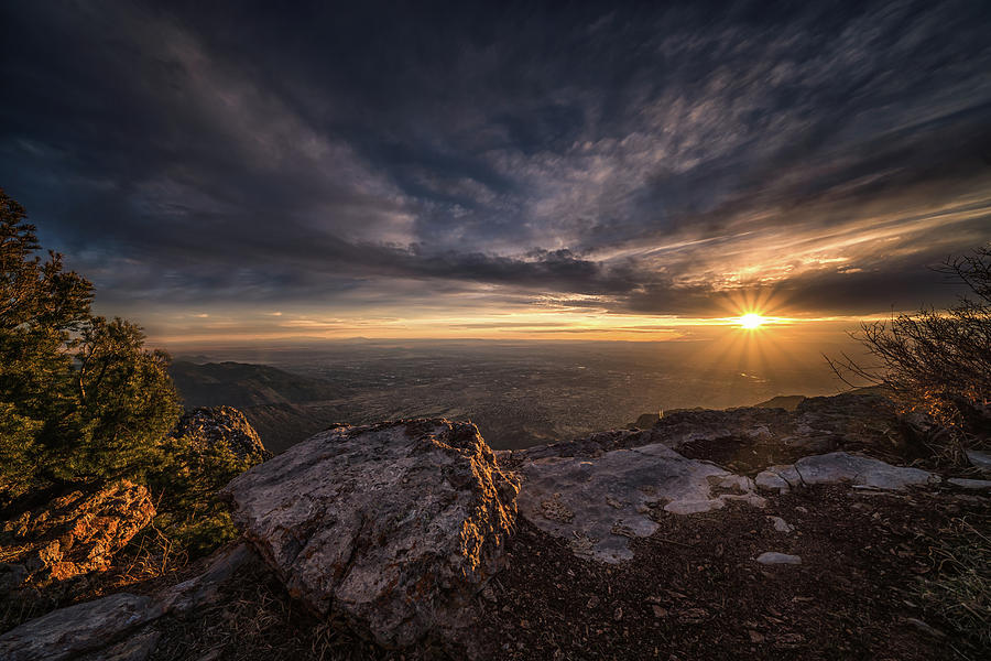 Sandia Peak Sunset full rays Photograph by Framing Places
