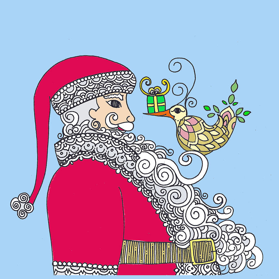 Caroline Drawing - Santa and Bird on blue by Caroline Sainis Caroline Drawing - Santa and Bird on blue by Caroline Sainis