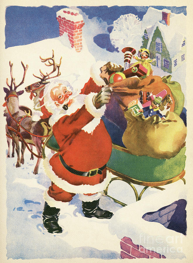 Christmas Painting - Santa and His Bags of Toys on Christmas Eve by American School