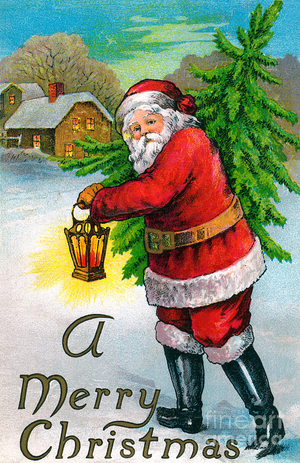 Santa Carrying a Christmas Tree Drawing by American School