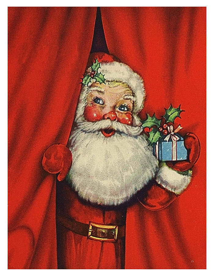 Santa Claus behind curtain with little gift Digital Art by Long Shot