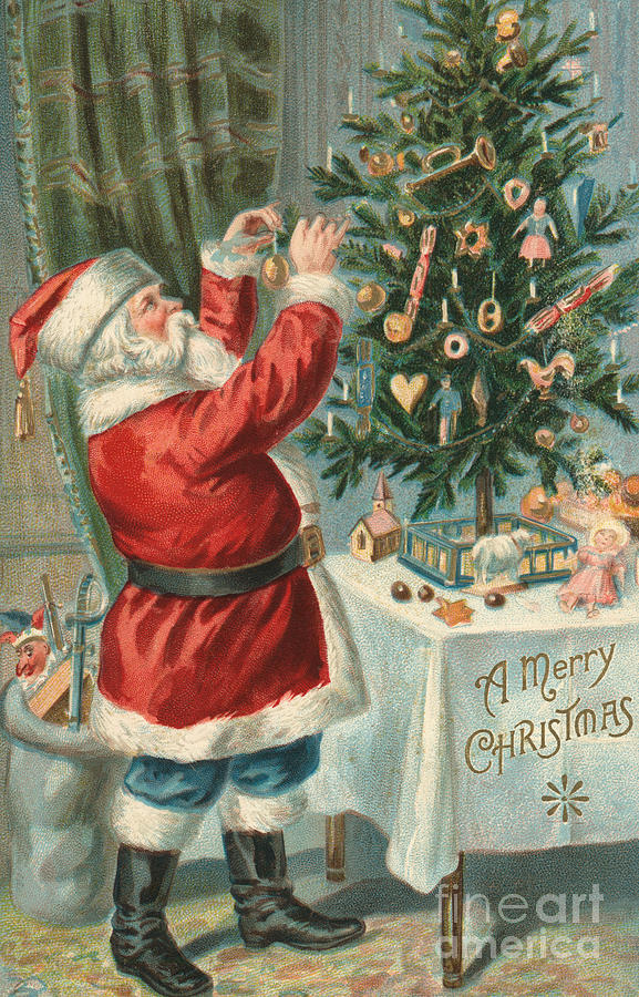 Santa Claus Decorating a Christmas Tree Painting by American School