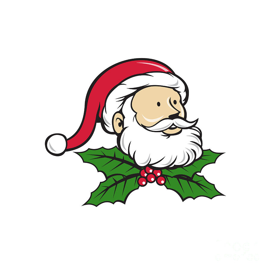 Santa Claus Digital Art - Santa Claus Father Head Christmas Holly Cartoon by Aloysius Patrimonio