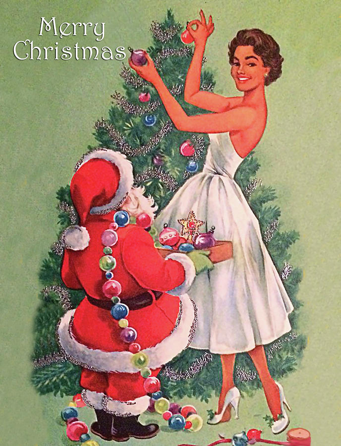 Santa Claus help tall woman to decorate Christmas tree Painting by Long Shot
