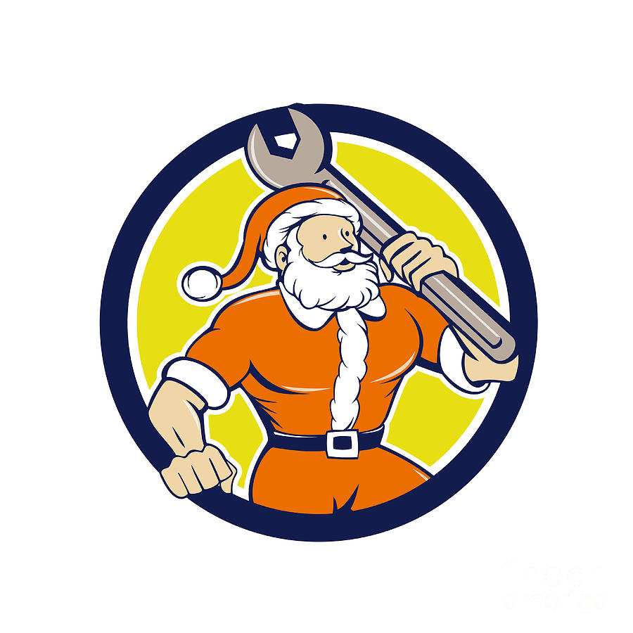 Santa Claus Digital Art - Santa Claus Mechanic Spanner Circle Cartoon by Aloysius Patrimonio