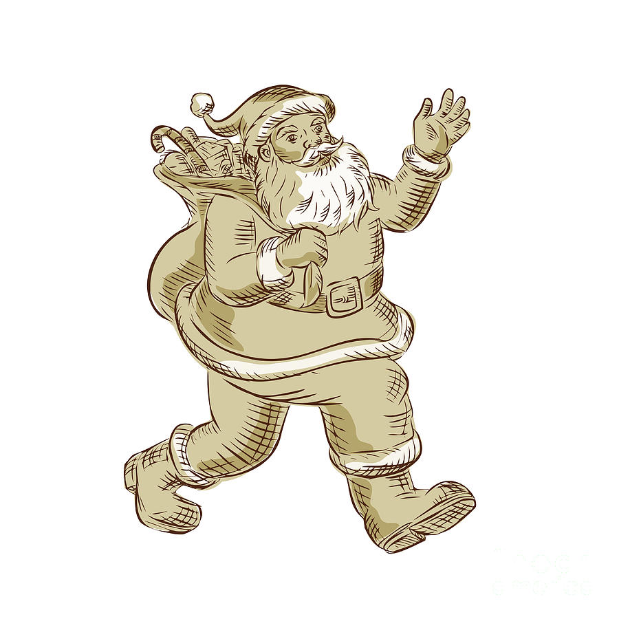Santa Claus Digital Art - Santa Claus Walking Waving Etching by Aloysius Patrimonio