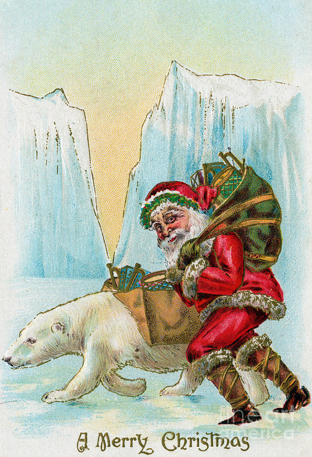 Santa Claus with a Polar Bear at the North Pole Painting by American School