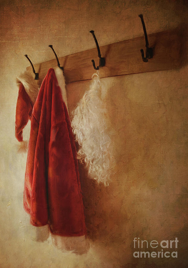 Christmas Photograph - Santa costume hanging on coat hook/Digital painting  by Sandra Cunningham