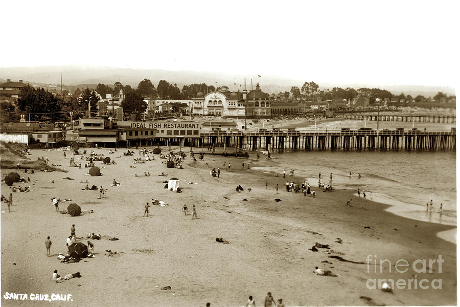Fish Photograph - Santa Cruz beach with Ideal Fish Restaurant 1930s by Monterey County Historical Society