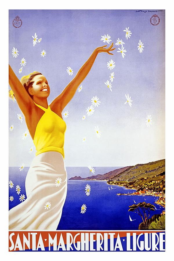 Mountain Mixed Media - Santa Margherita Ligure - Woman Throwing Daisies In The Air  - Retro travel Poster - Vintage Poster by Studio Grafiikka