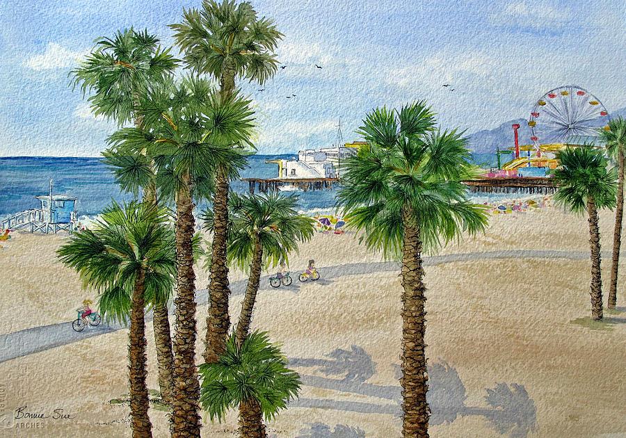 Beach Painting - Santa Monica Beach and Pier by Bonnie Sue Schwartz