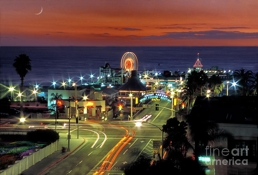 Santa Monica Pier Lighted Sunset Photograph by David Zanzinger