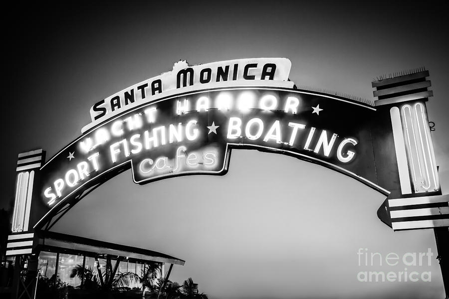 Santa Monica Pier Sign Black and White Photo Photograph by Paul Velgos