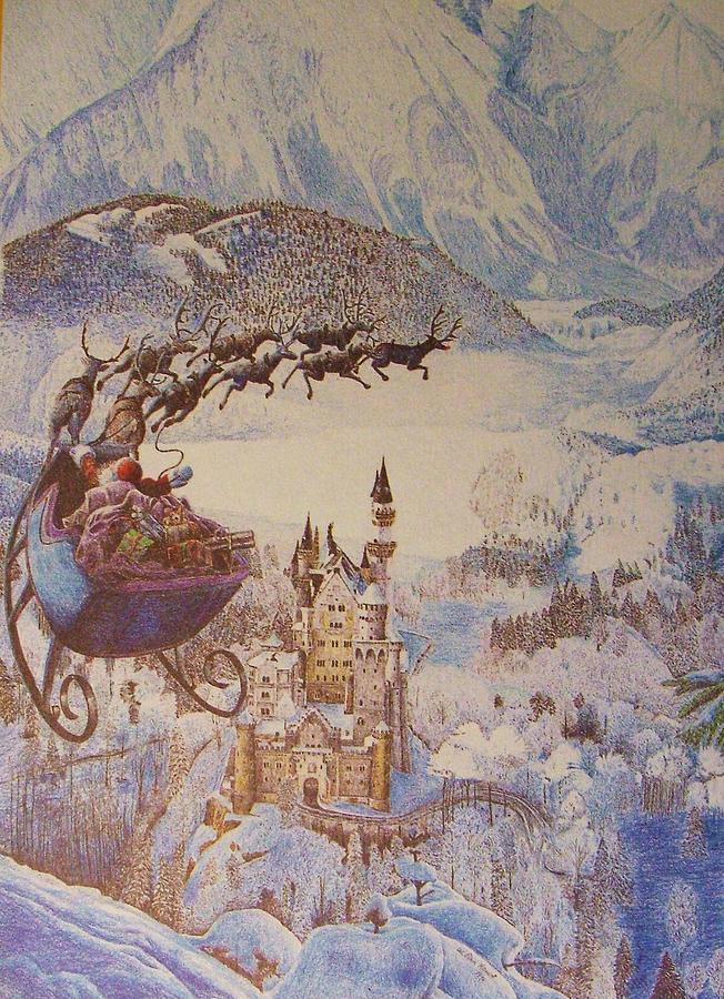 Christmas Drawing - Santa Over Neuschwanstein by Dan Hausel