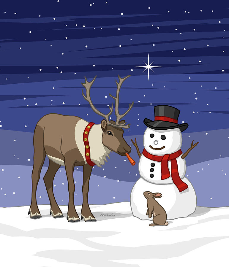 Deer Painting - Santa Reindeer and Snowman by Crista Forest