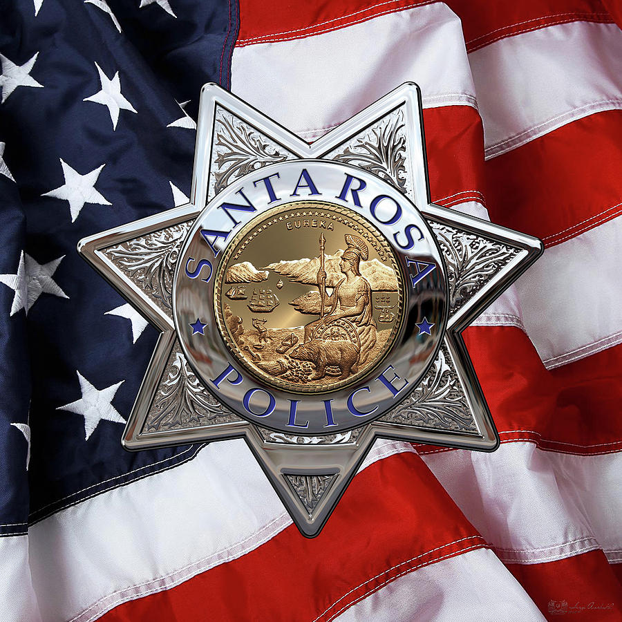 Santa Rosa Police Departmen Badge over American Flag Digital Art by Serge Averbukh