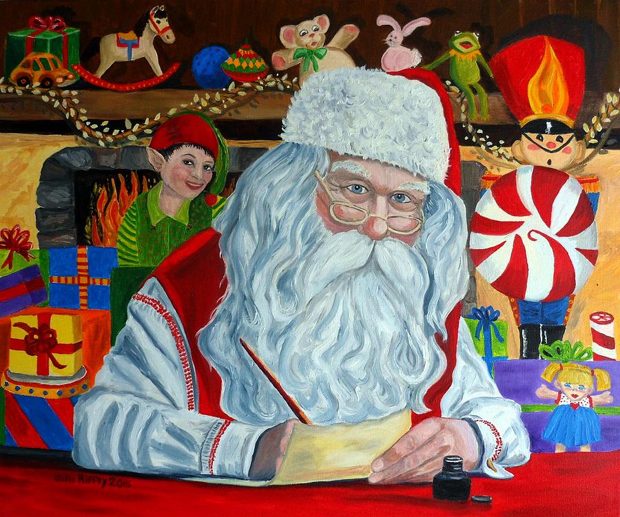 Toy Painting - Santas Making A List-Christmas Holiday painting by Julie Brugh Riffey