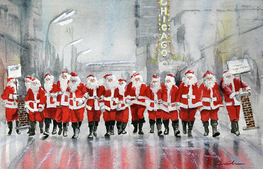 Santas On Parade - Chicago State Street Painting by Glenn Galen