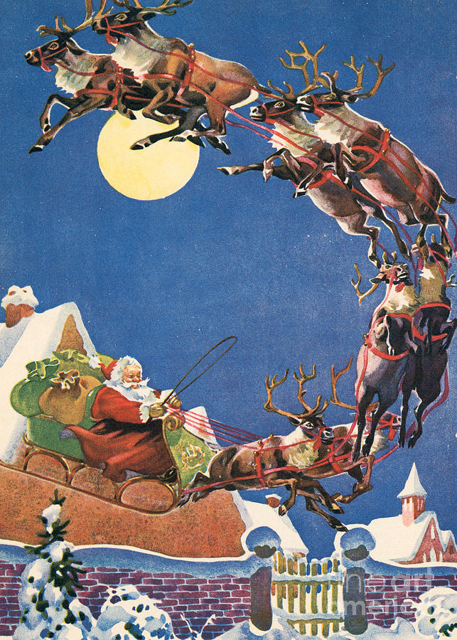 Santas Sleigh and Reindeer Flying in the Night Sky on Christmas Eve Painting by American School