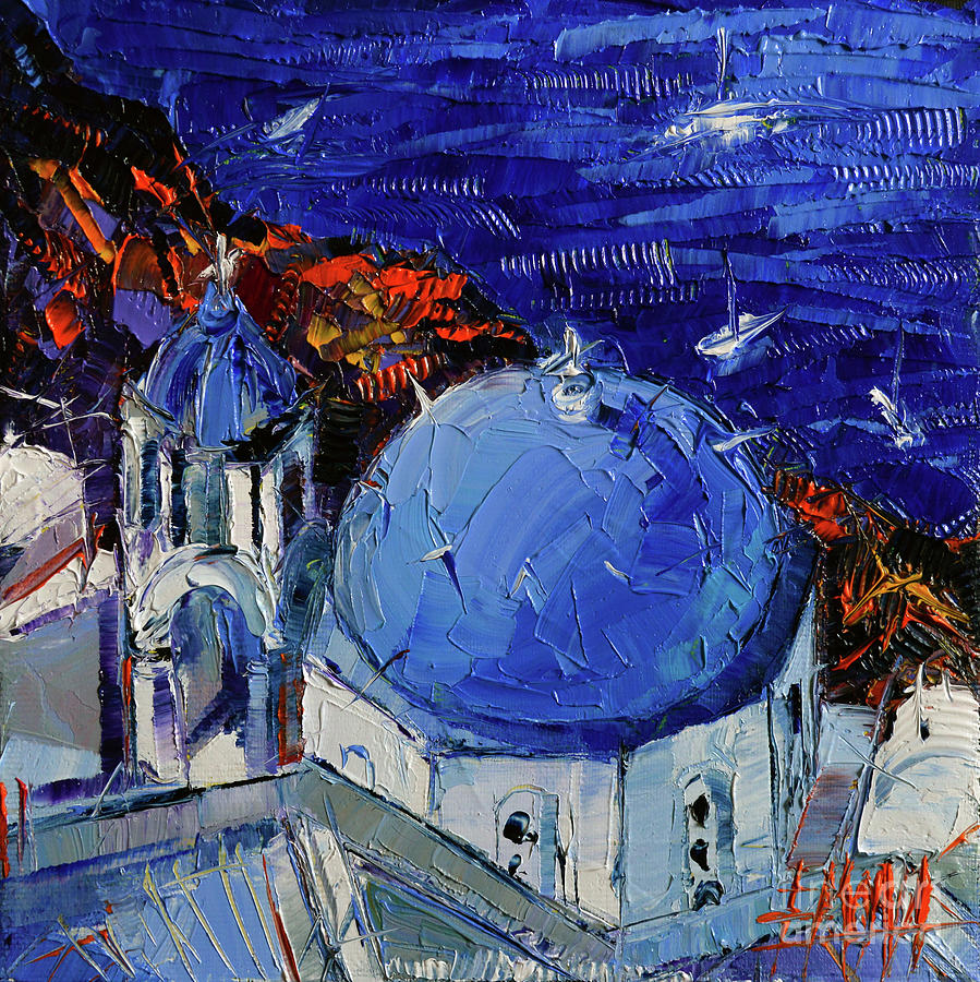SANTORINI BLUE DOMED CHURCH - Mini Cityscape 06 Painting by Mona Edulesco