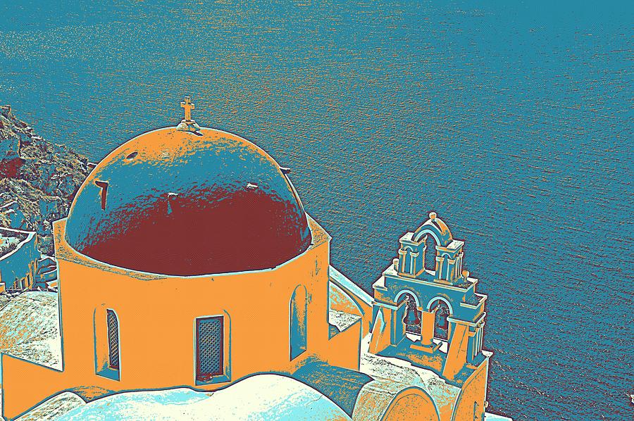 Santorini Blue Sea Greece Travel Poster Painting by Celestial Images