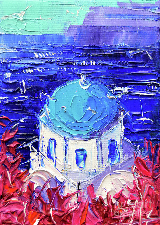 SANTORINI CHURCH CUPOLA - mini cityscape 11 - palette knife oil painting Painting by Mona Edulesco