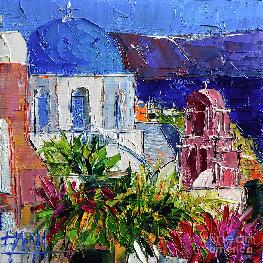 SANTORINI CHURCH - Mini Cityscape 01 - modern impressionist palette knife oil painting Painting by Mona Edulesco