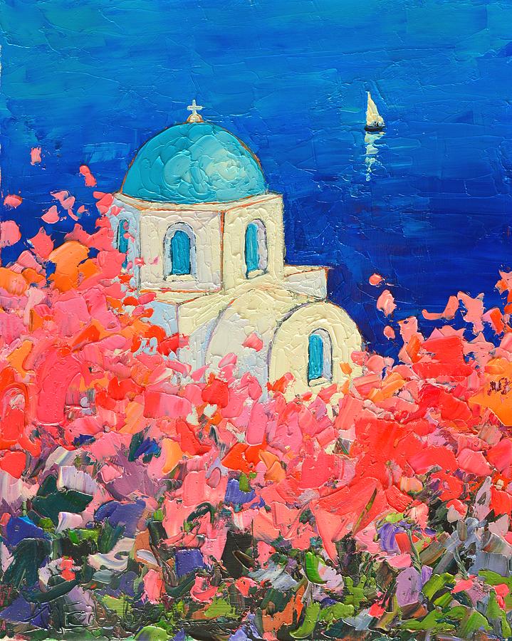 Santorini Impression - Full Bloom In Santorini Greece Painting by Ana Maria Edulescu