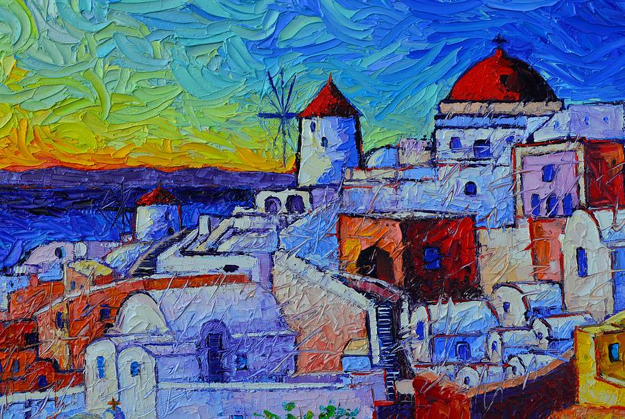 SANTORINI OIA COLORS modern impressionism impasto palette knife oil painting by Ana Maria Edulescu Painting by Ana Maria Edulescu