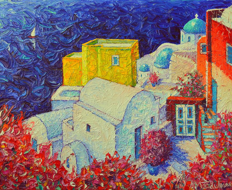 SANTORINI OIA IN BLOOM Greece impressionist impasto palette knife oil painting by Ana Maria Edulescu Painting by Ana Maria Edulescu