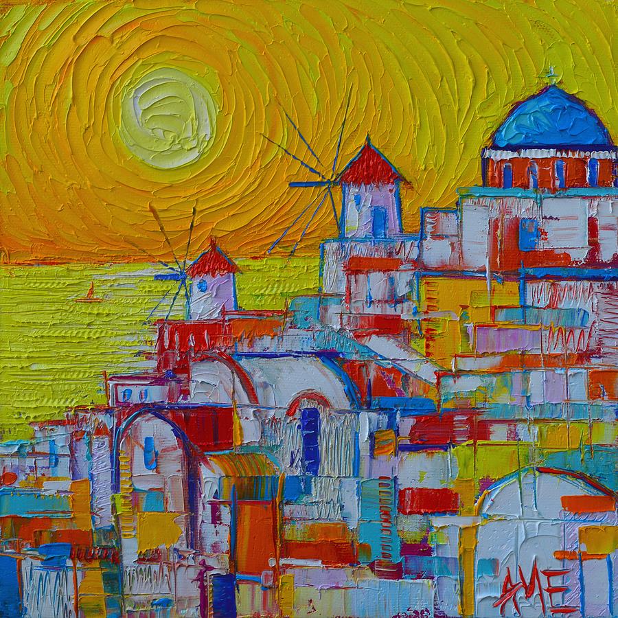 SANTORINI OIA SUNSET Greece abstract city modern impressionist knife oil painting Ana Maria Edulescu Painting by Ana Maria Edulescu